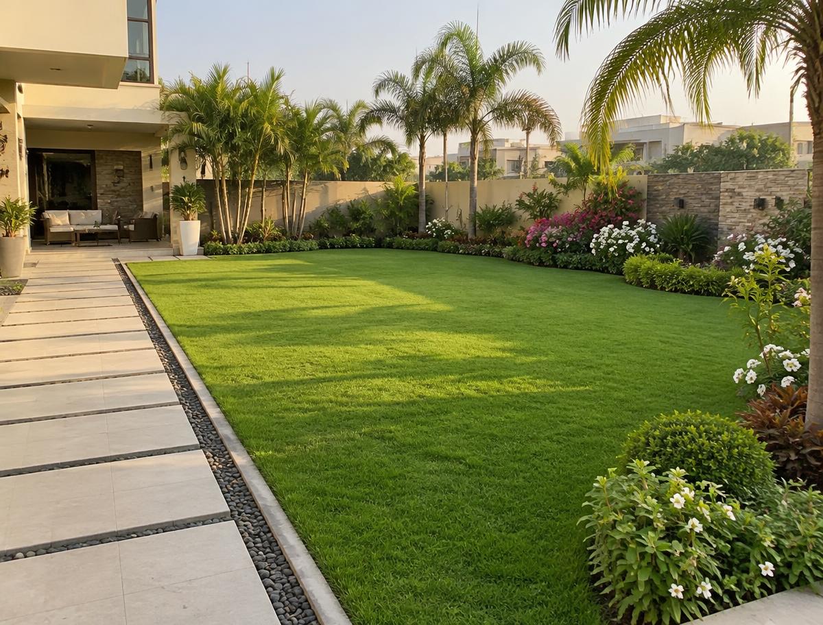 Completed landscaped garden with lawn and planting in Karachi